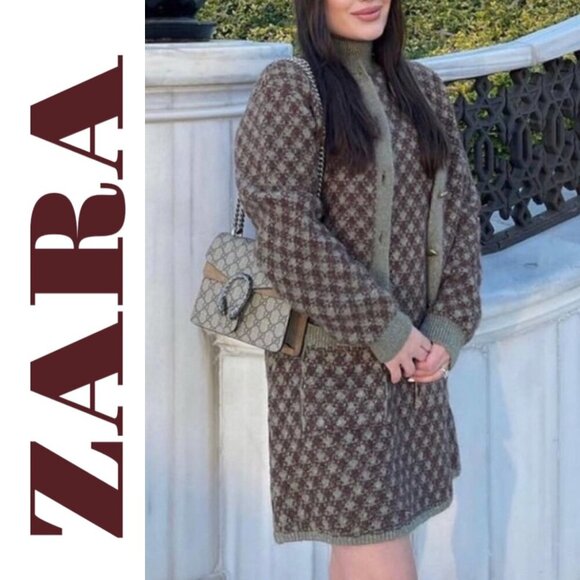 ZARA BLOGGER FAVE Wool Houndstooth Mock Neck Mini Sweater Dress, Large - Picture 3 of 12